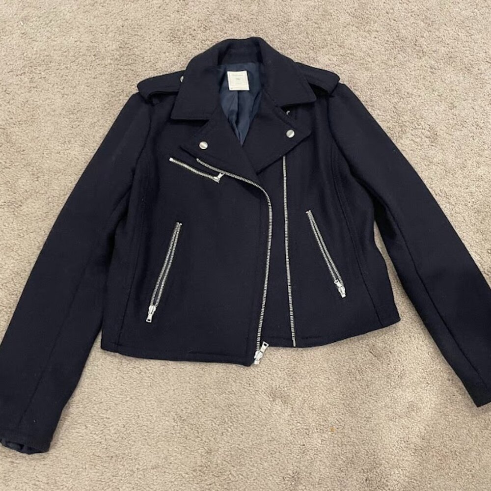 Gap Navy Blue Zip-Front Wool Blend Moto Biker Jacket